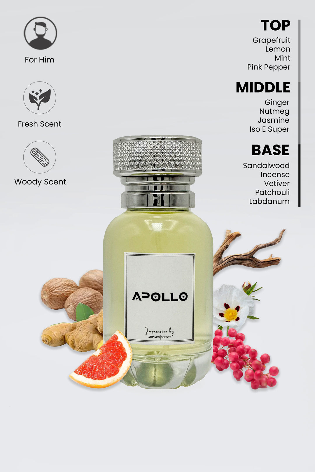 apollo perfume bottle displayed on white background with fragrance related elements shown at sides of bottle and listed on top right side