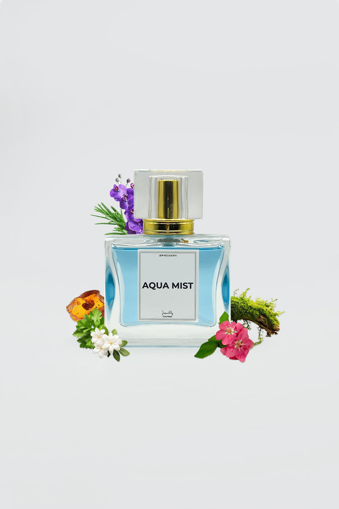 aqua mist perfume bottle displayed with florals and other scent notes on sides of bottle