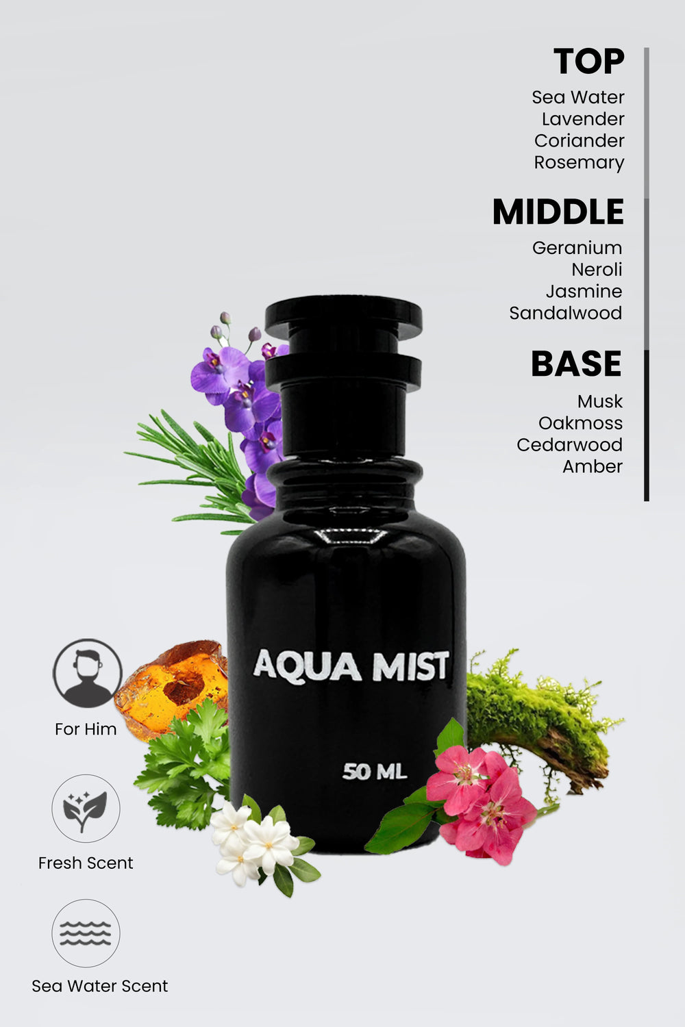 Aqua mist black perfume bottle 50ml shown on white background with scent related elements displayed and listed