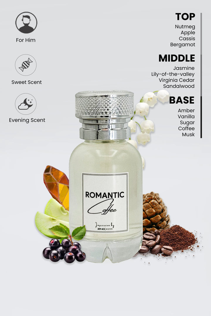 Romantic coffee perfume bottle displayed on a white background with fragrance inspired scent notes displayed along the bottle and also listed with top, middle and bottom notes and some other symbols