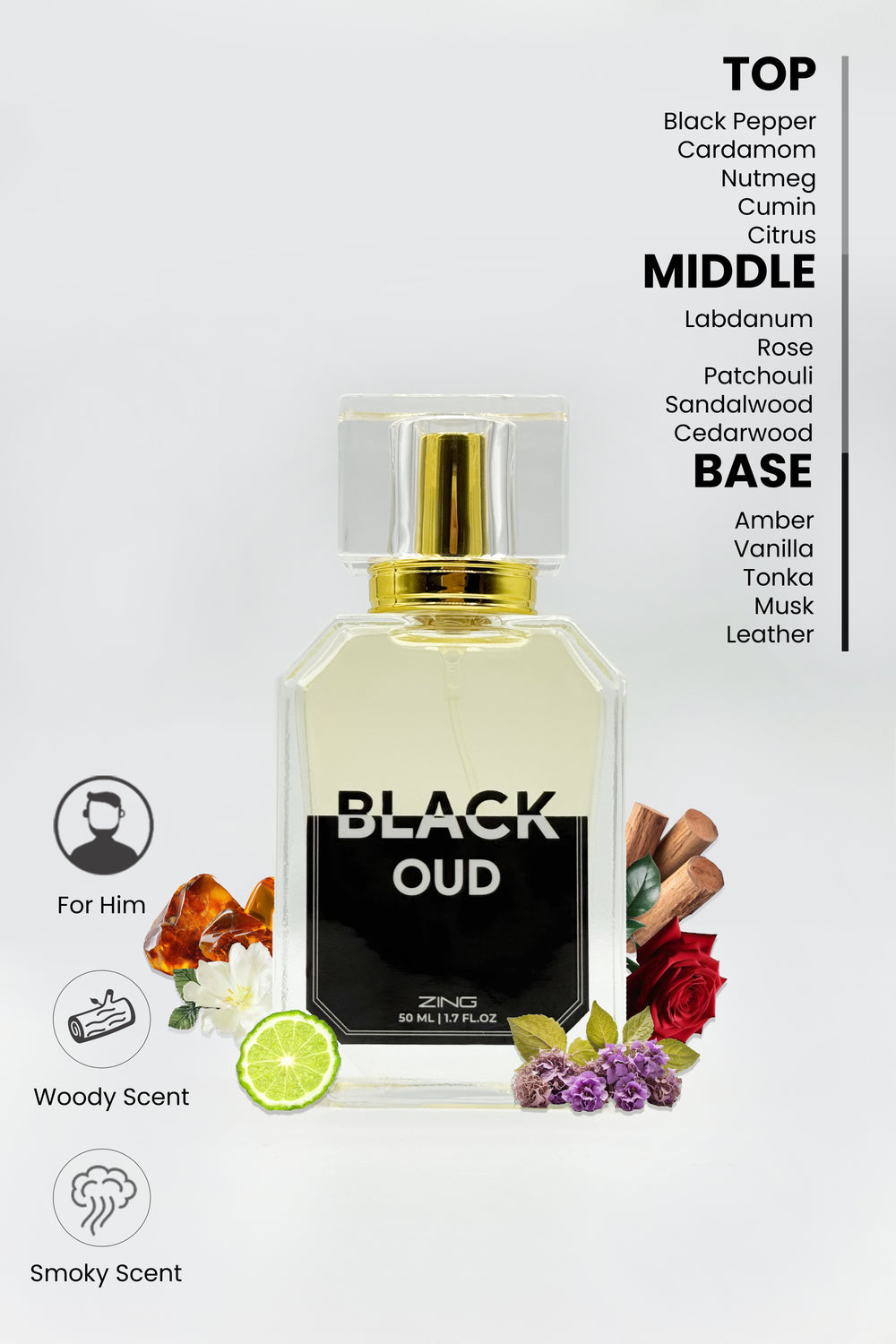 top, middle and base notes listed with perfume bottle of black oud in center