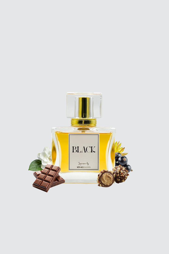 black perfume bottle with yellow color perfume displayed with chocolate, jasmine and other scent related elements on sides of bottle
