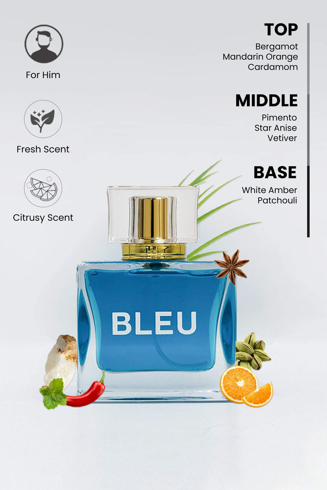 BLEU men's perfume bottle with golden spray nozzle, featuring citrus and spice notes like bergamot, mandarin, cardamom, vetiver, and white amber and some symbols on top left corner