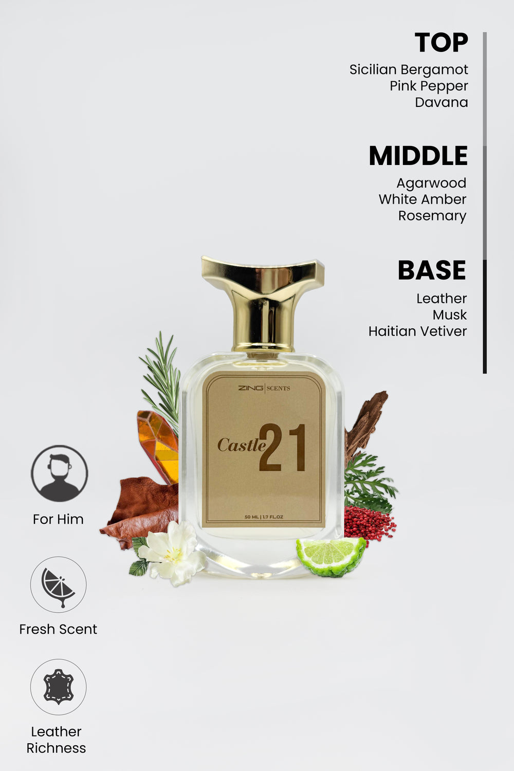 Castle 21 men’s perfume bottle with golden cap, showing fragrance notes and labeled as a fresh leather-rich scent for him.