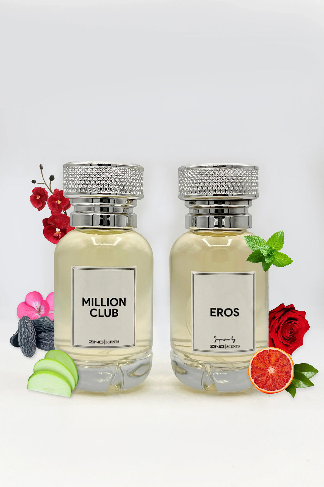 Million Club perfume bottle surrounded with green apple slices, soft floral accents and Eros perfume bottle surrounded by citrus orange, mint leaves, and red rose displayed side by side