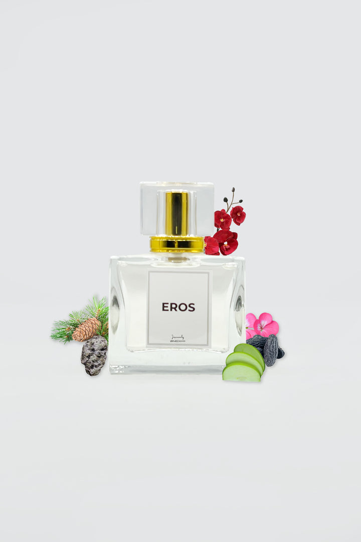 transparent eros perfume in transparent bottle with scent related elements on sides of bottle