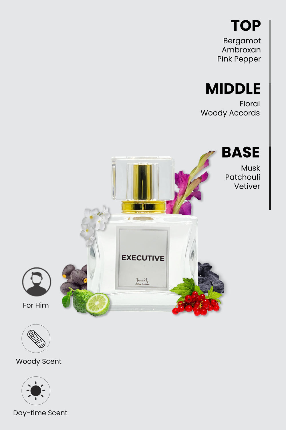 executive perfume bottle with top, middle and base notes listed on top right corner
