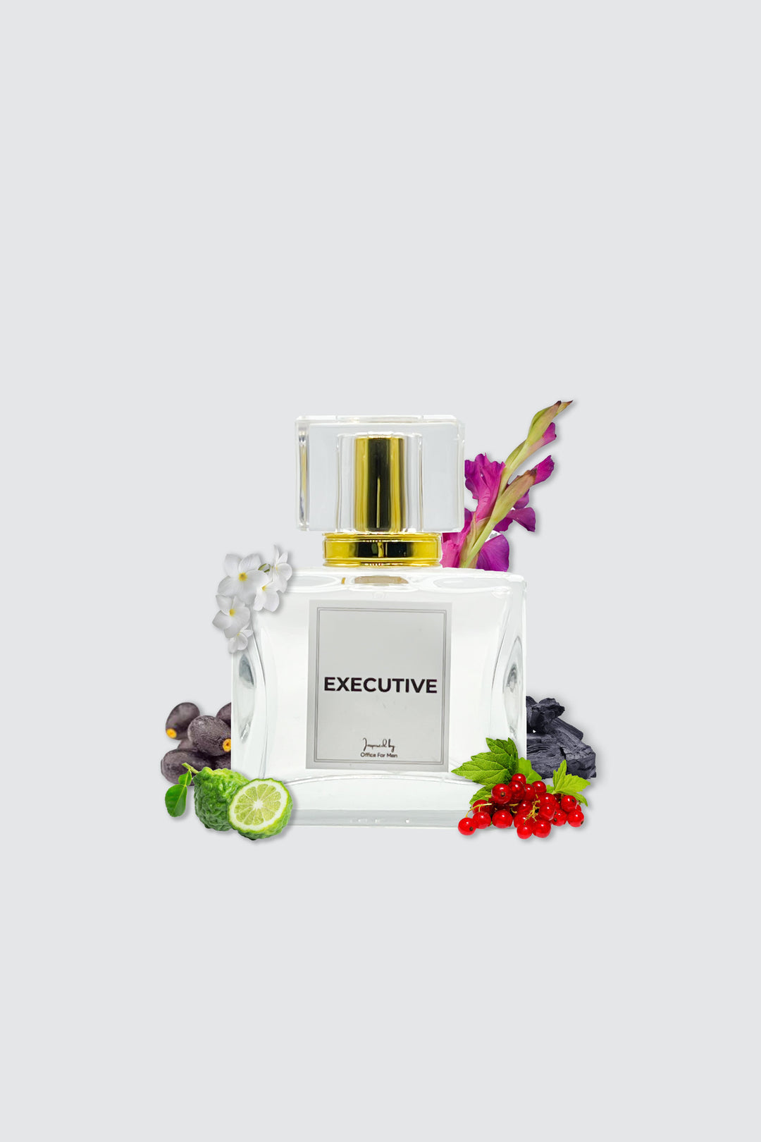 executive perfume bottle of golden nozzle with scent related ingredients on sides of perfume bottle