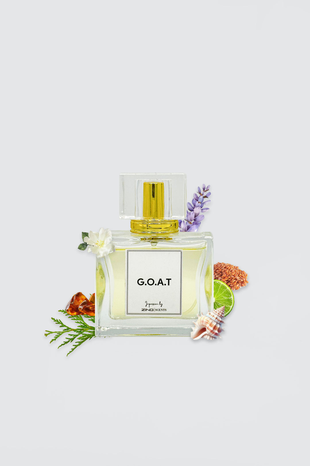 g.o.a.t perfume bottle with flowers, citrus and other scent elements displayed on sides of perfume bottle