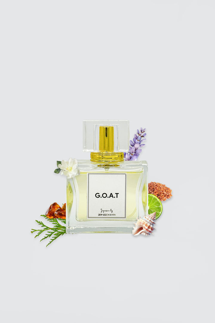  g.o.a.t perfume bottle with flowers, citrus and other scent elements displayed on sides of perfume bottle