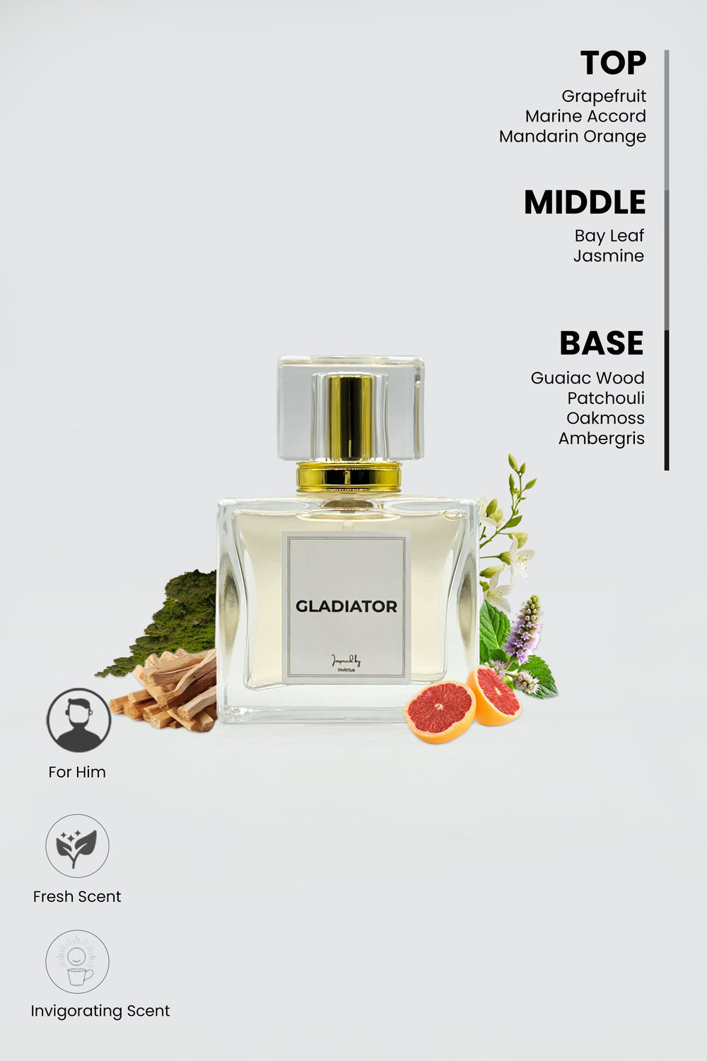 gladiator perfume bottle with scent notes on top right corner and scent related symbols on bottom left corne