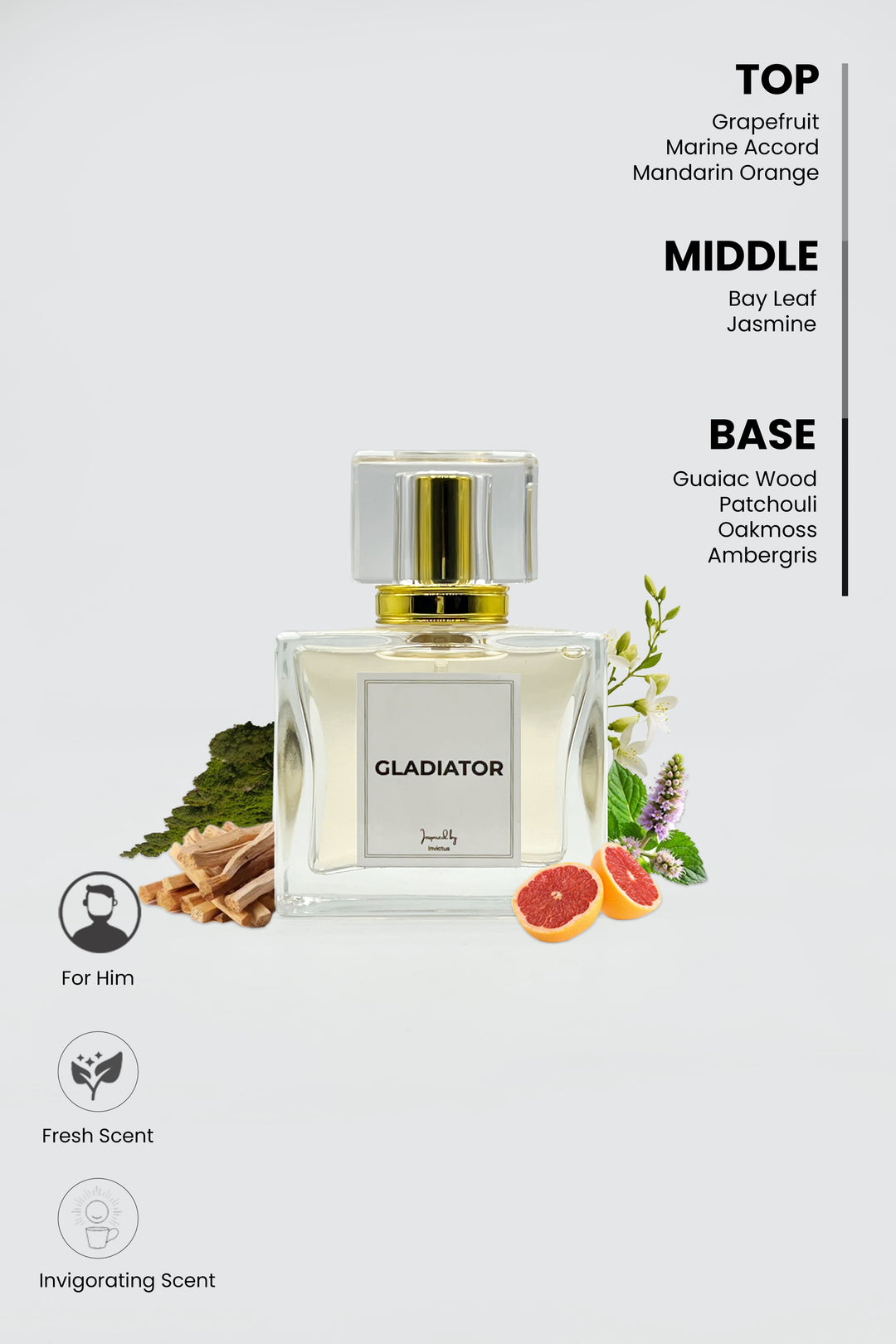 gladiator perfume bottle with scent notes on top right corner and scent related symbols on bottom left corne