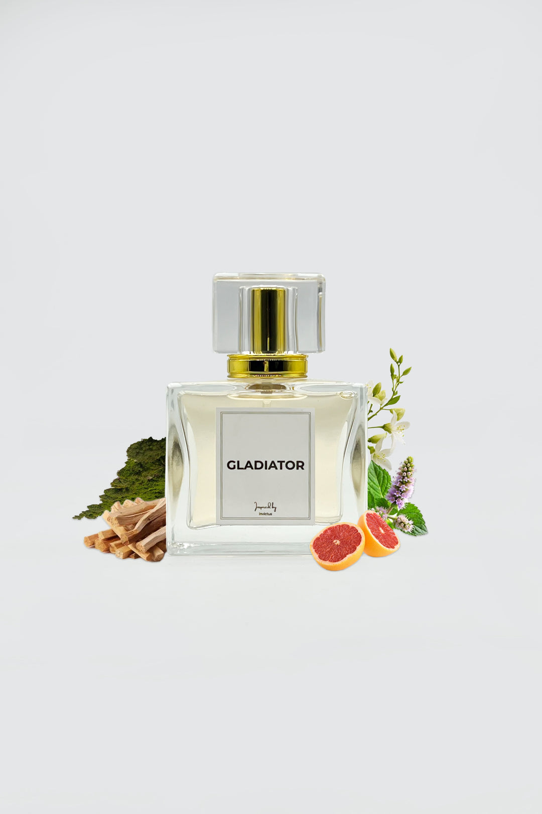 gladiator perfume bottle with citrus and other scent inspired elements on sides of bottle