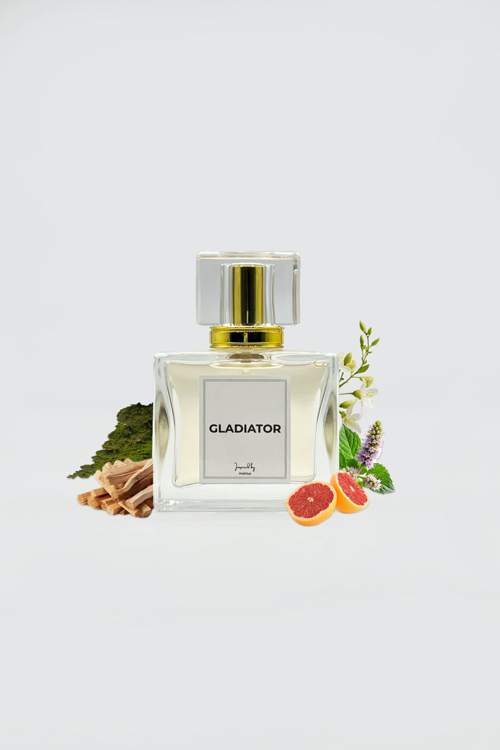 gladiator perfume bottle with citrus and other scent inspired elements on sides of bottle