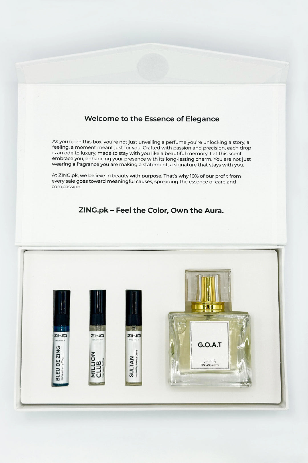 Zing G.O.A.T perfume bottle with three tester bottles of Bleu De Zing, Sultan and Million Club in form of bundle box with thank you note and our company goal