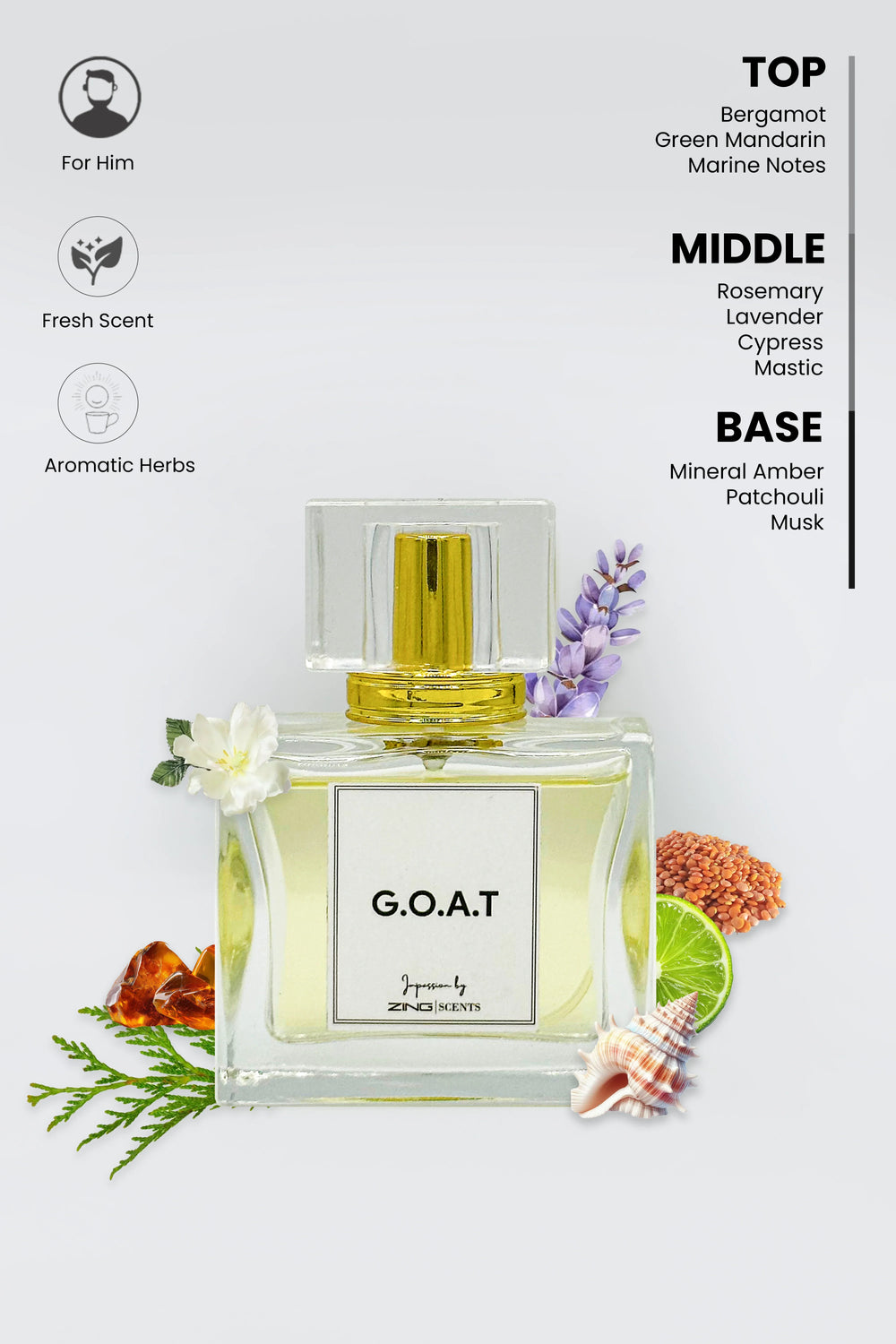 G.O.A.T perfume bottle with top, middle and bottom notes listed along with scent inspired elements along sides of bottle