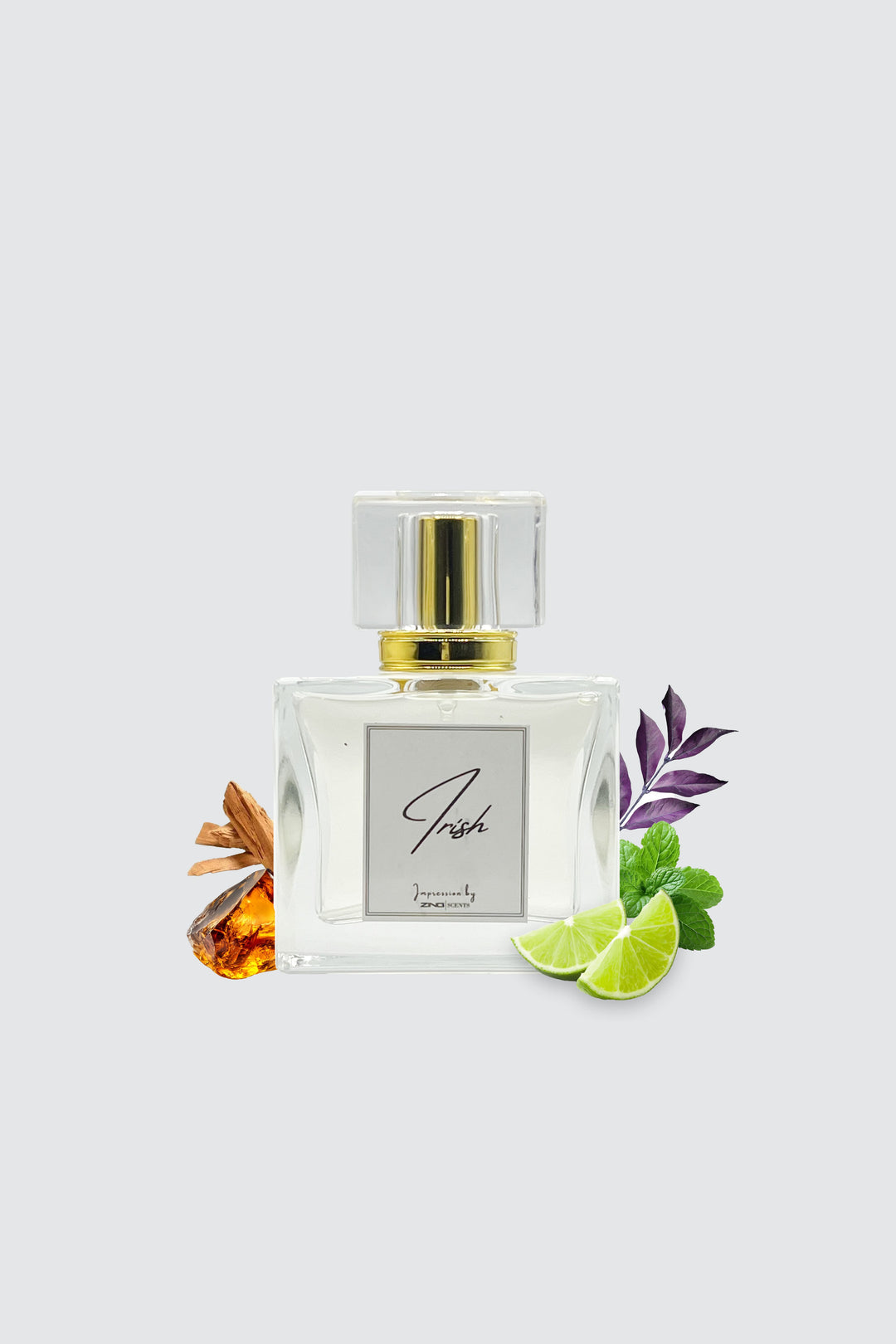citrus, mint and other scent inspired elements  displayed on sides of perfume bottle of irish