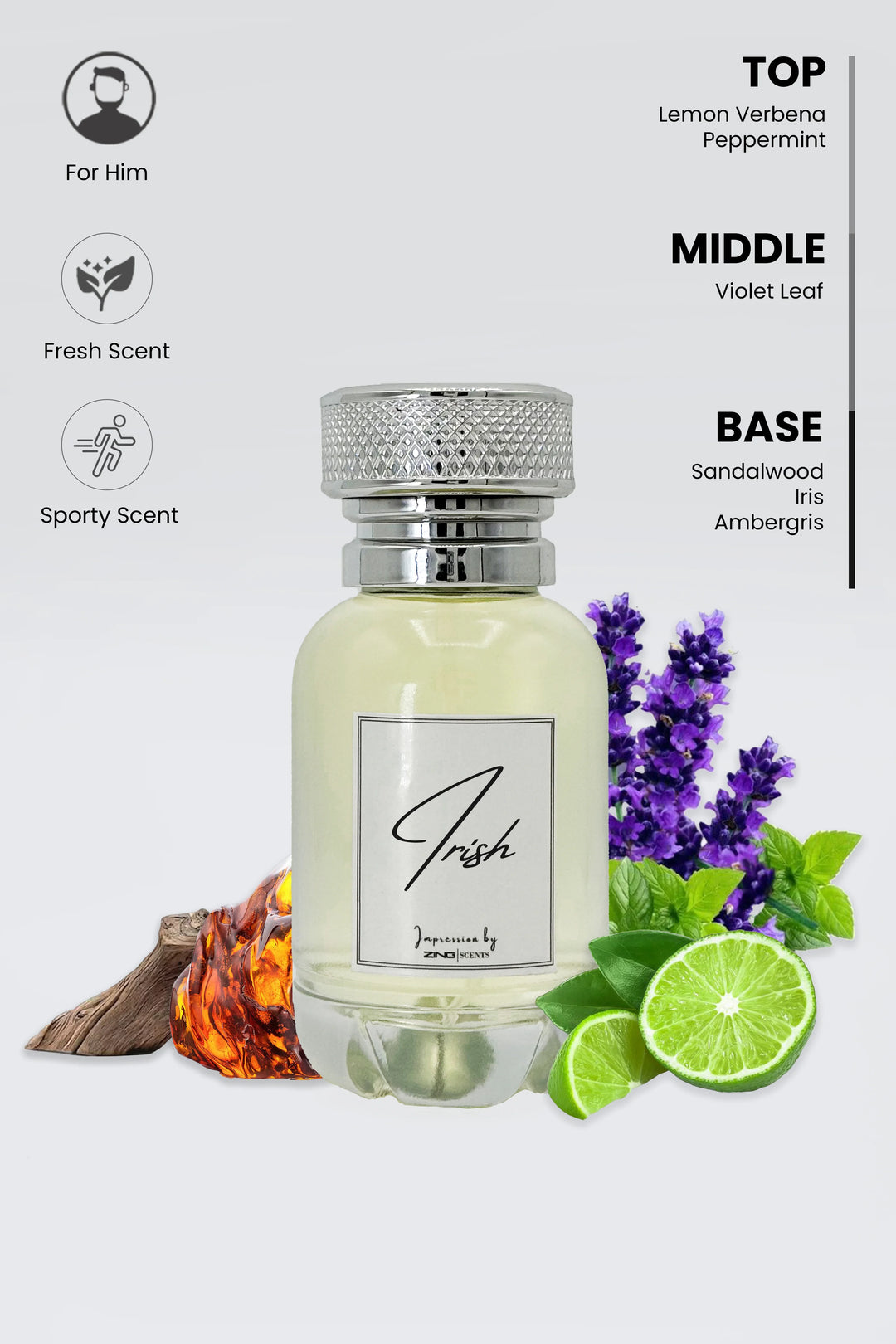 Irish perfume bottle displayed with scent inspired fragrance notes displayed along with perfume bottle and listed with top, middle and bottom notes along with symbols of fresh and sporty scent