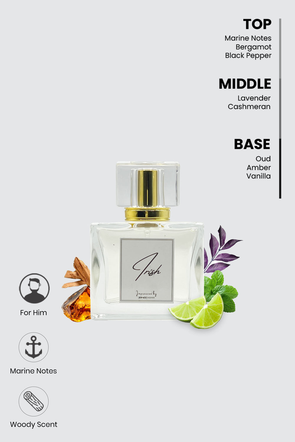 irish perfume bottle with top, middle and base notes listed on top right corner and perfume related symbols on bottom left corner