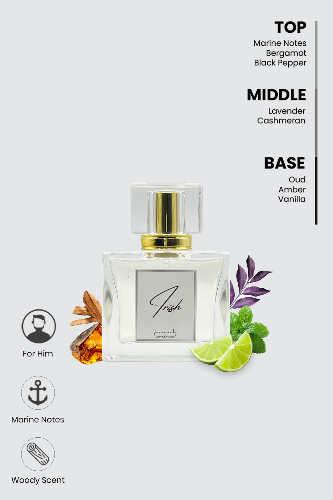 irish perfume bottle with top, middle and base notes listed on top right corner and perfume related symbols on bottom left corner