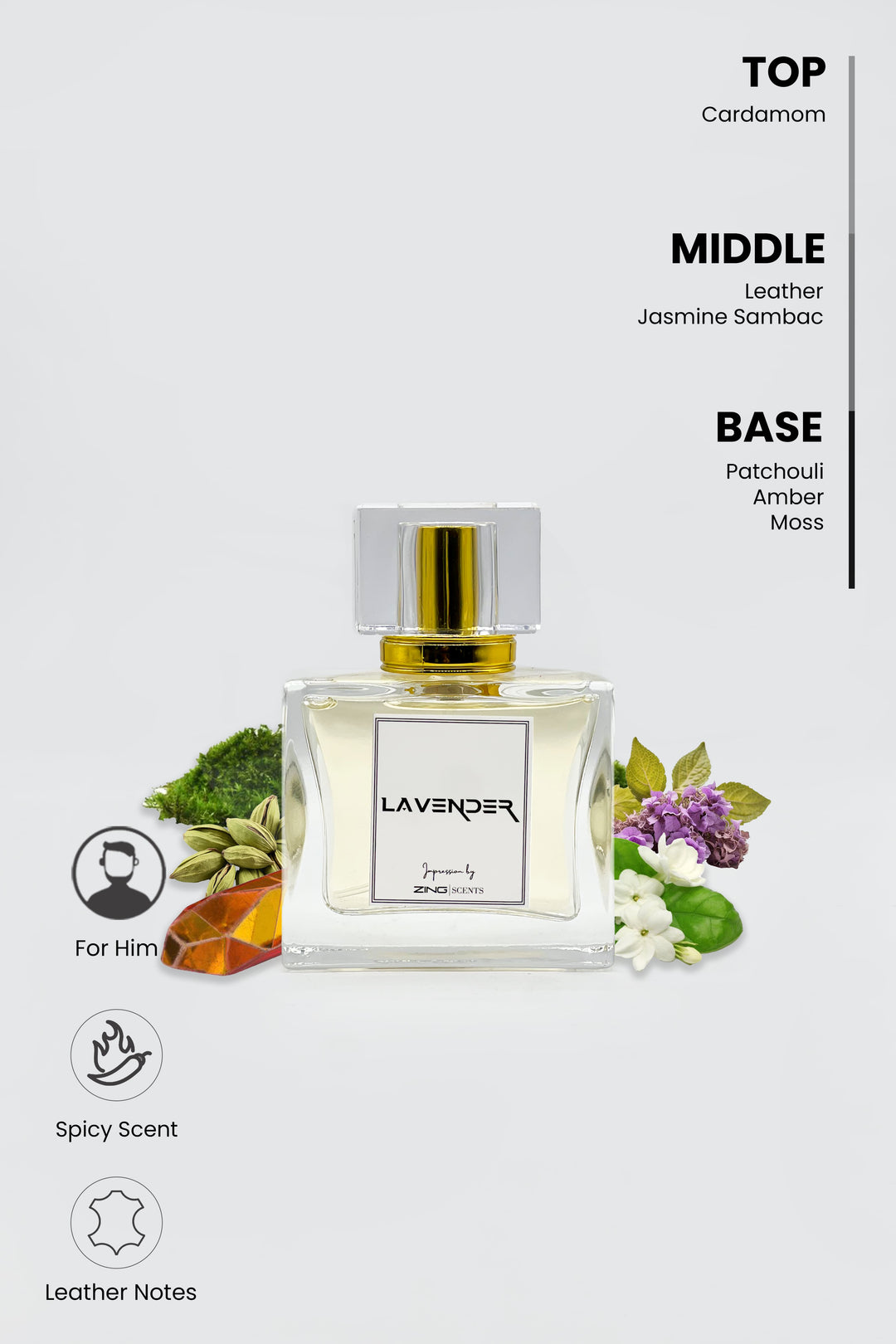 lavender perfume bottle with fragrance related symbols shown on bottom left corner
