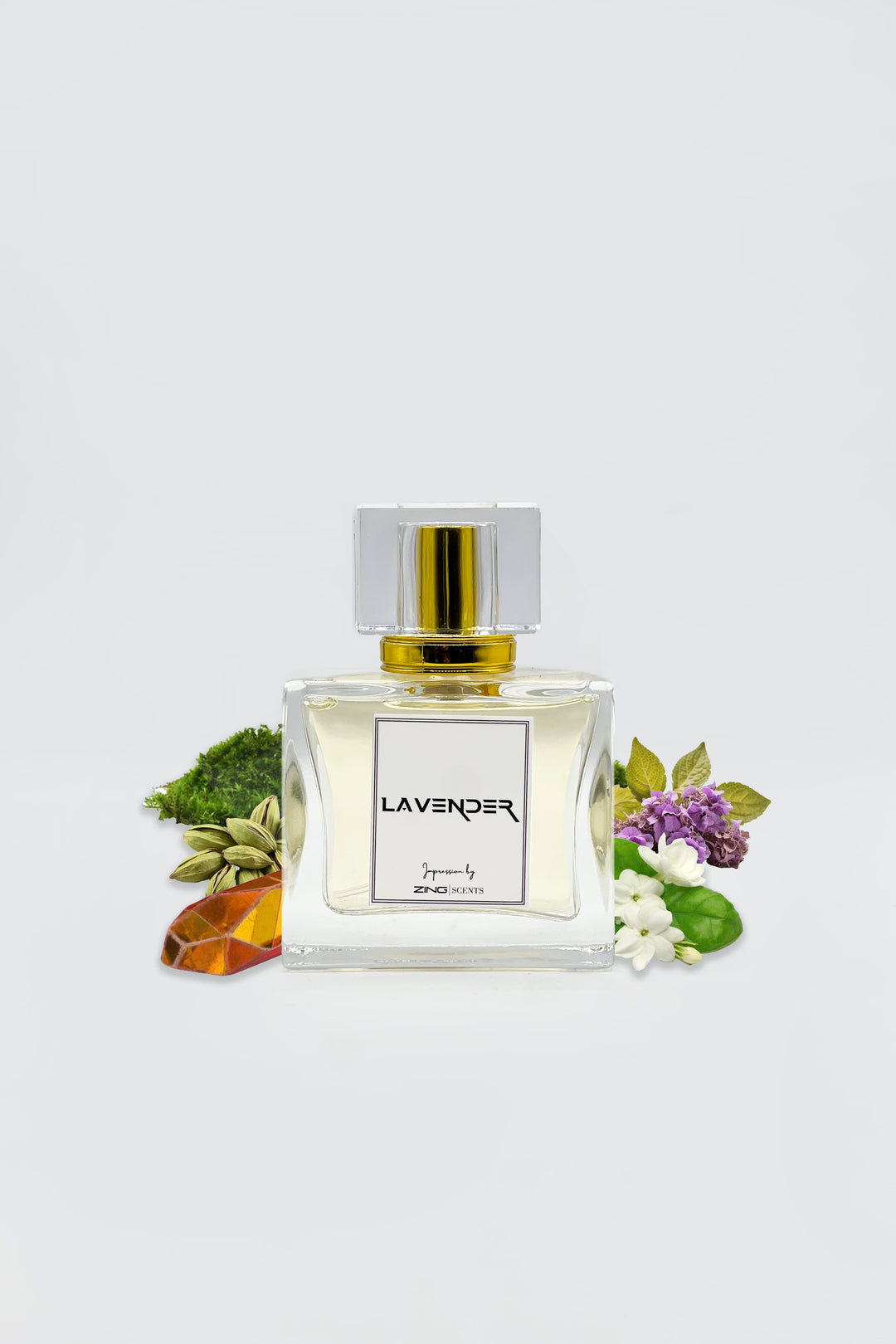 lavender perfume bottle displayed with scent related elements on sides of perfume bottle