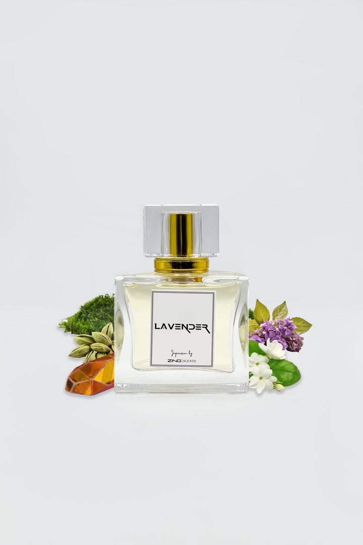 lavender perfume bottle displayed with scent related elements on sides of perfume bottle