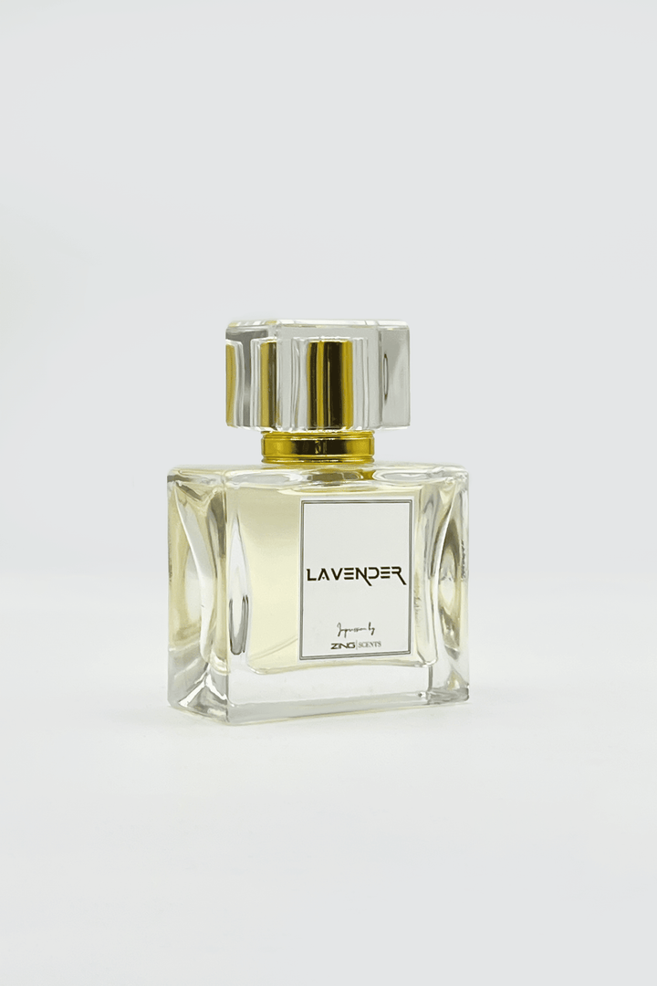lavender perfume bottle displayed on a clean grey background