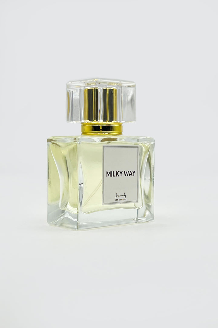  milky way fragrance bottle featuring a clear glass design with golden nozzle.