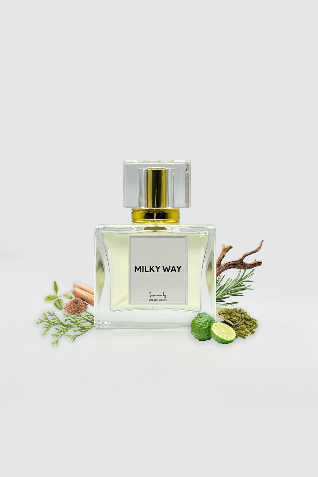 milky way perfume bottle with citrus, cardamom, woods and other scent related elements on sides of bottles