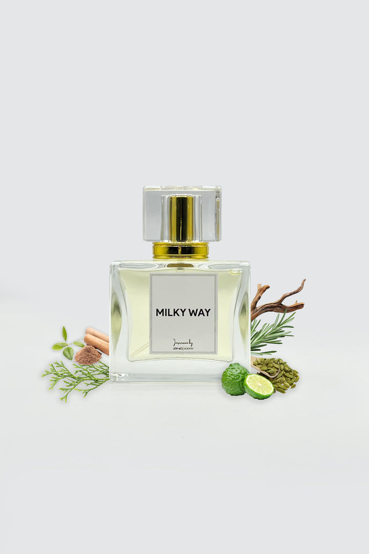 milky way perfume bottle with citrus, cardamom, woods and other scent related elements on sides of bottles