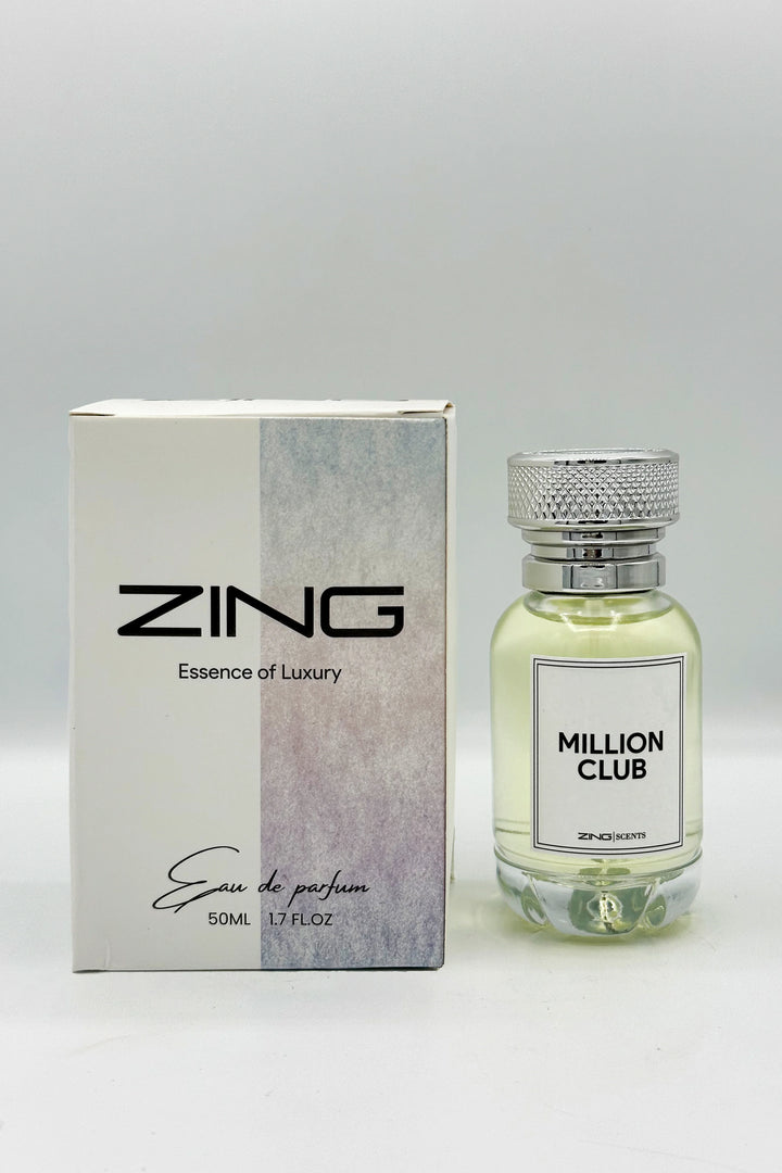Million club perfume bottle with its packaging in double shade displayed on a white background.
