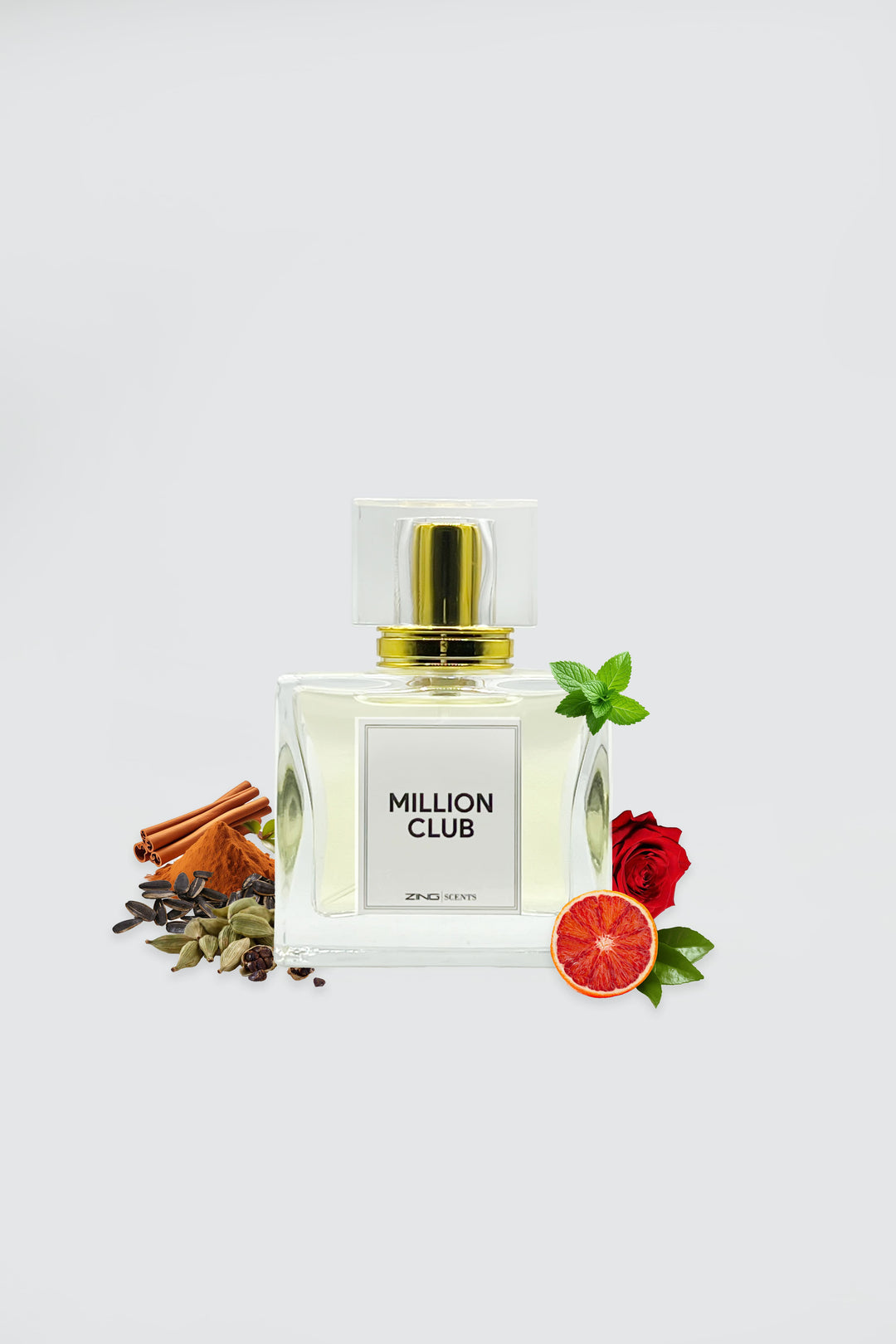 million club perfume bottle displayed with roses, cardamom, and other scent related ingredients on sides of bottle