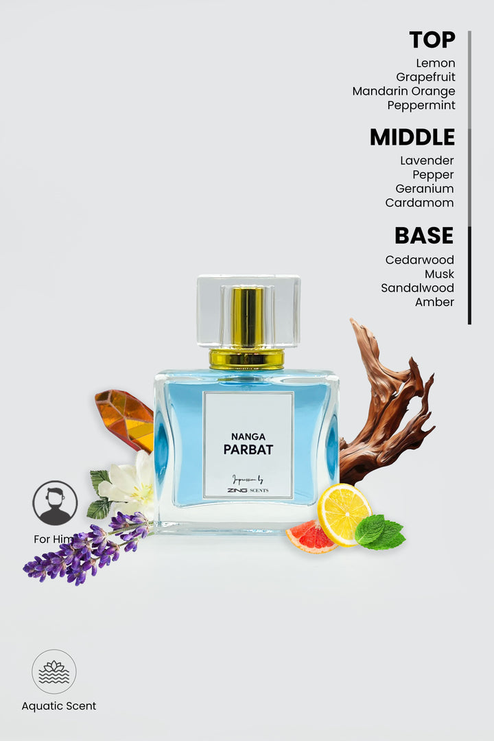 nanga parbat perfume bottles with fragrance related icons on bottom left corner and perfume notes listed on top right corner