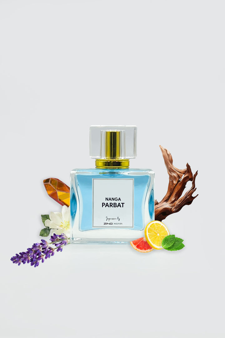  nanga parbat perfume bottle displayed with citrus, woods and other elements on sides of perfume bottle