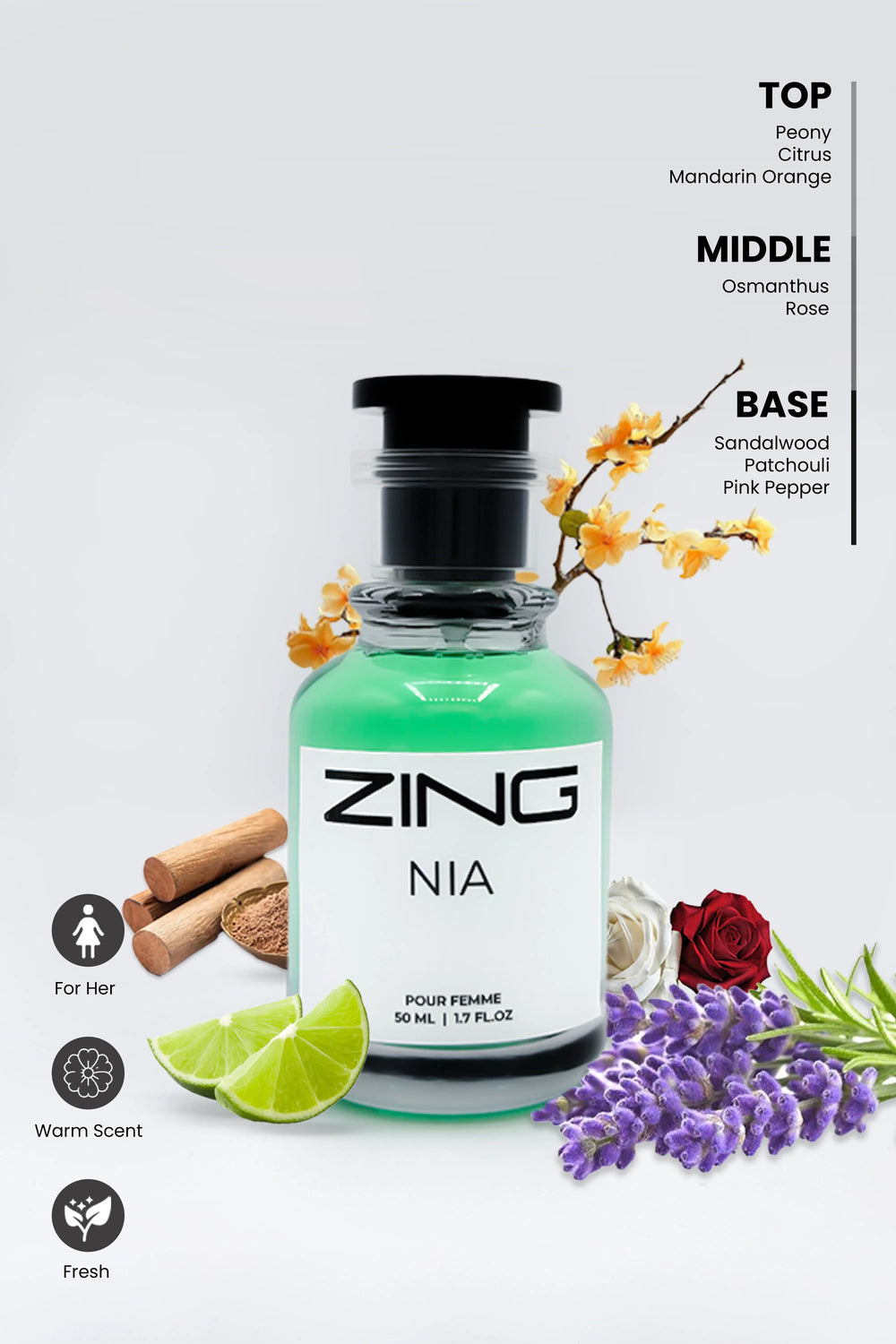 Nia perfume bottle displayed with fragrance inspired elements as well as listed on top right corner and scent related symbols on bottom left corner
