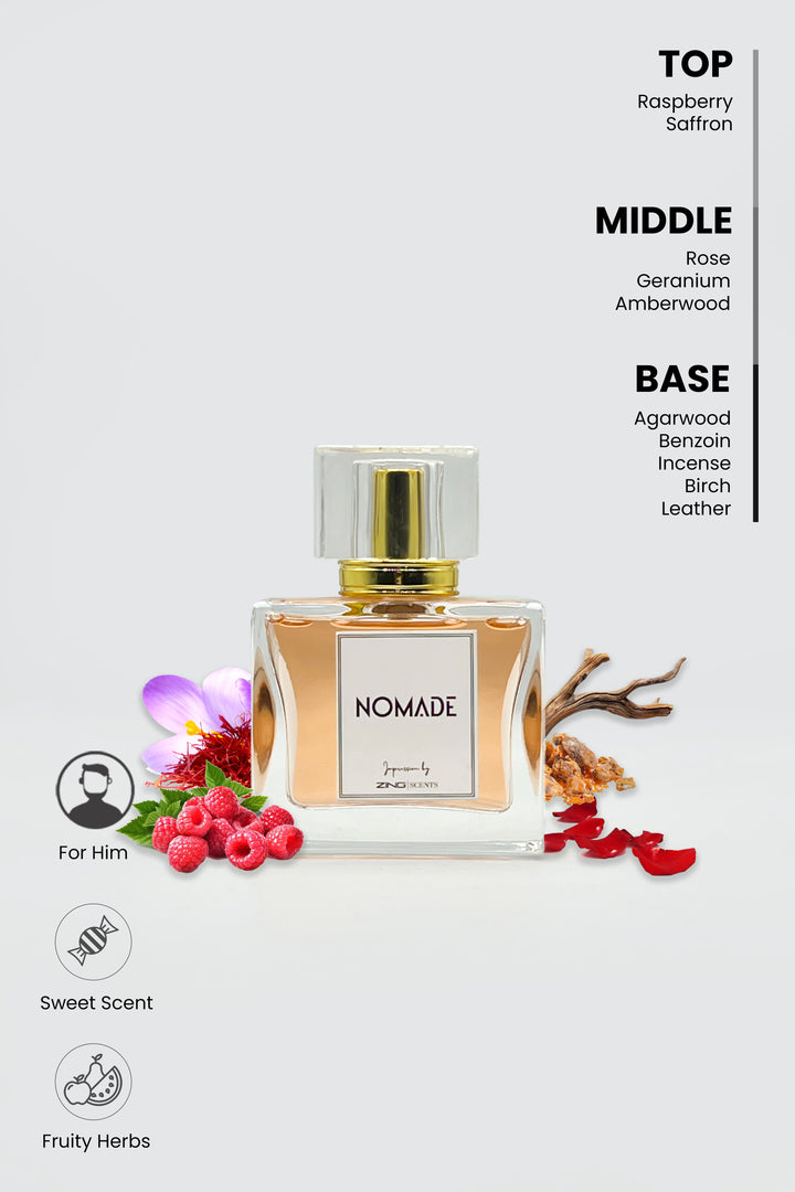 nomade perfume bottle with top, middle and base notes written on top right corner