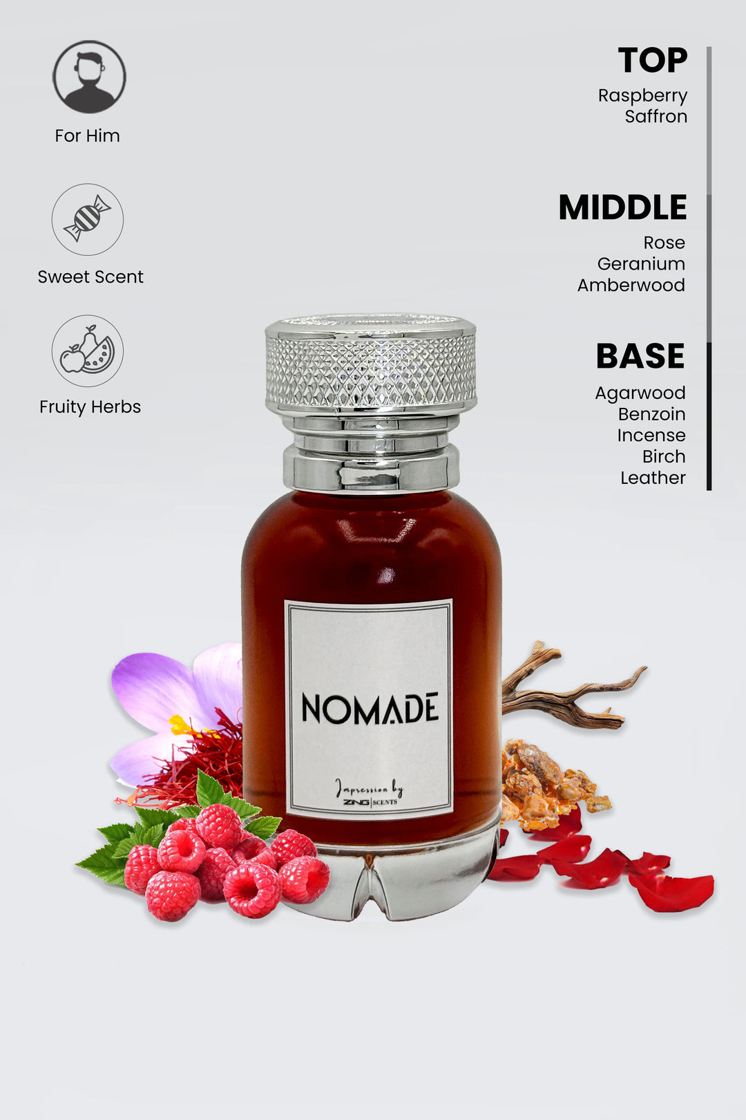 Nomade perfume bottle with silver textured cap displayed with scent inspired elements on sides of bottle and notes listed at top right corner and scent related symbols at top left corner