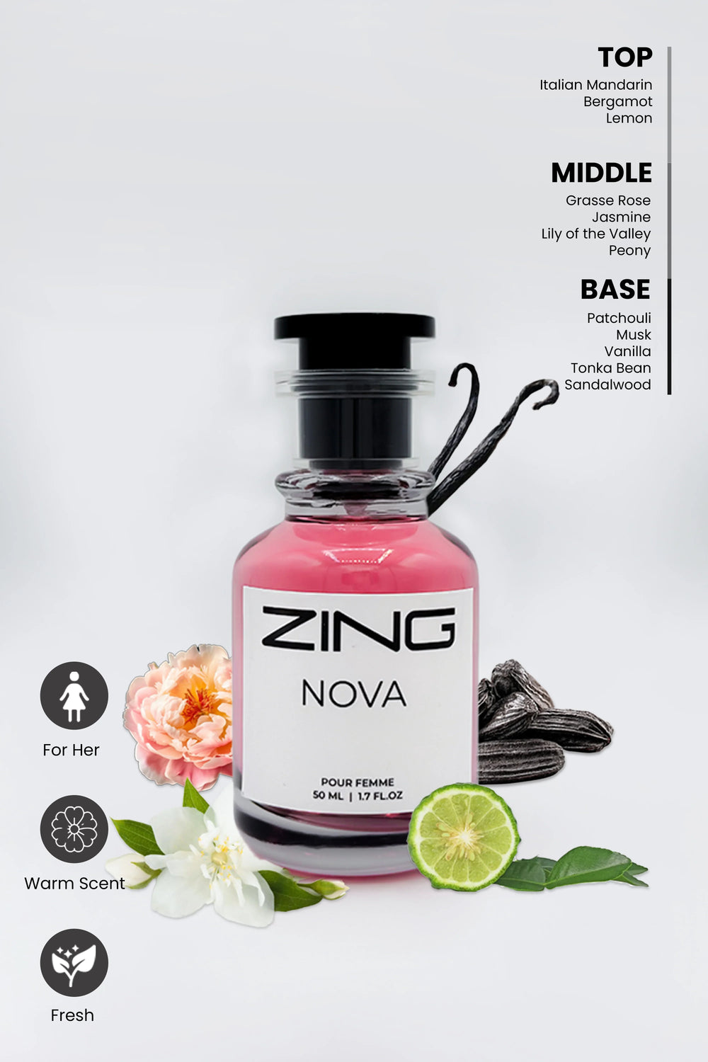 Nova pink perfume bottle with scent inspired elements shown behind the bottle, notes listed on top right corner and scent related symbols on bottom left corner.