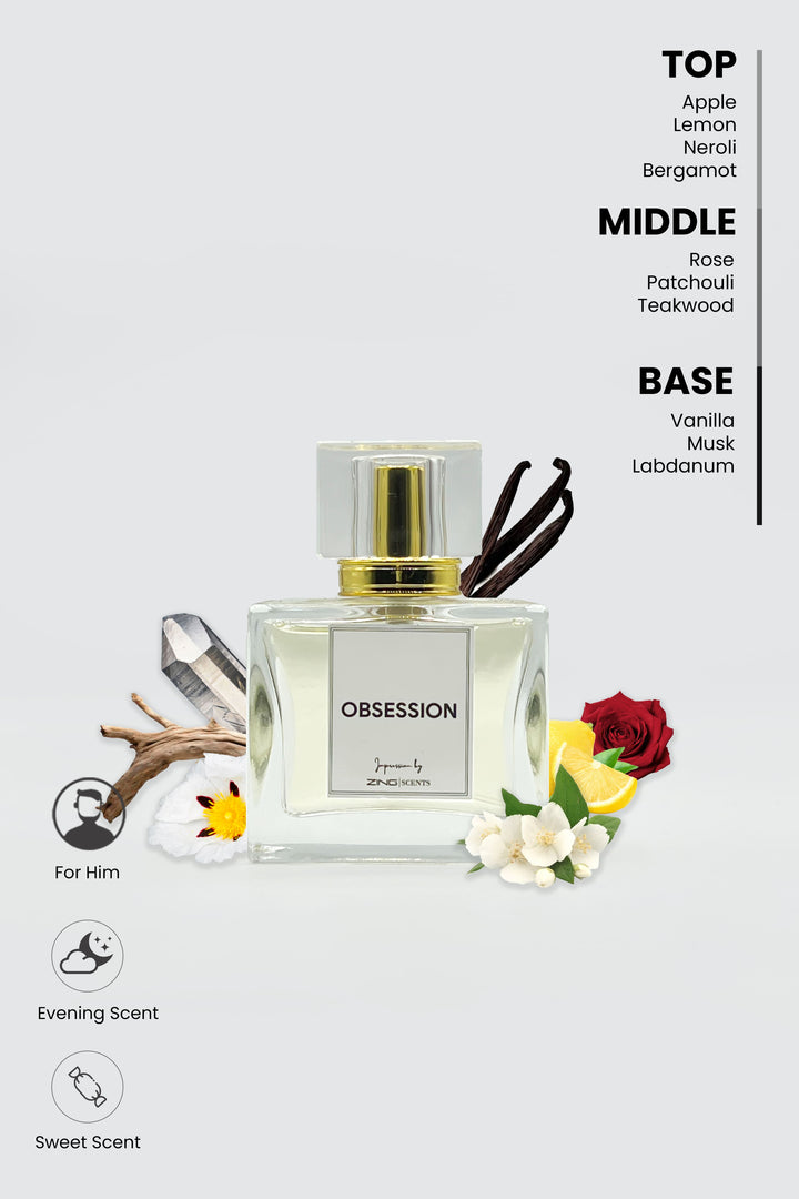 obsession perfume bottle with floral and citrus notes on top right corner
