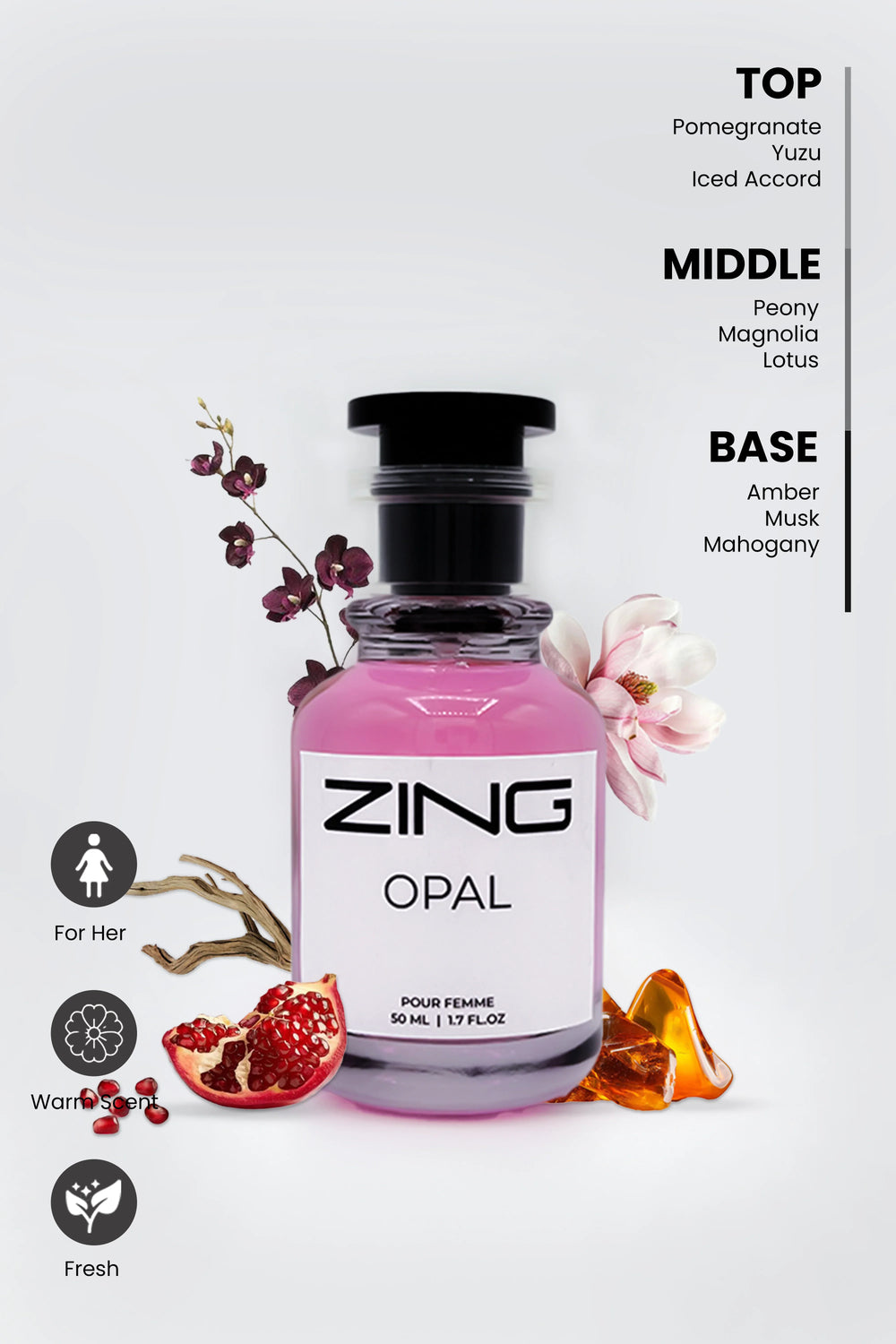 Pink opal perfume bottle displayed on white background with scent inspired elements and notes listed on top right corner and other symbols on left corner