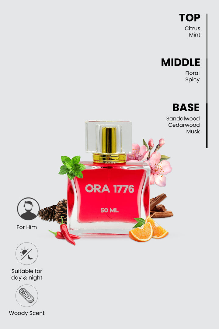 top, middle and base notes of ora 1776 listed on top right corner with perfume bottle in center and scent related symbol on bottom left corner