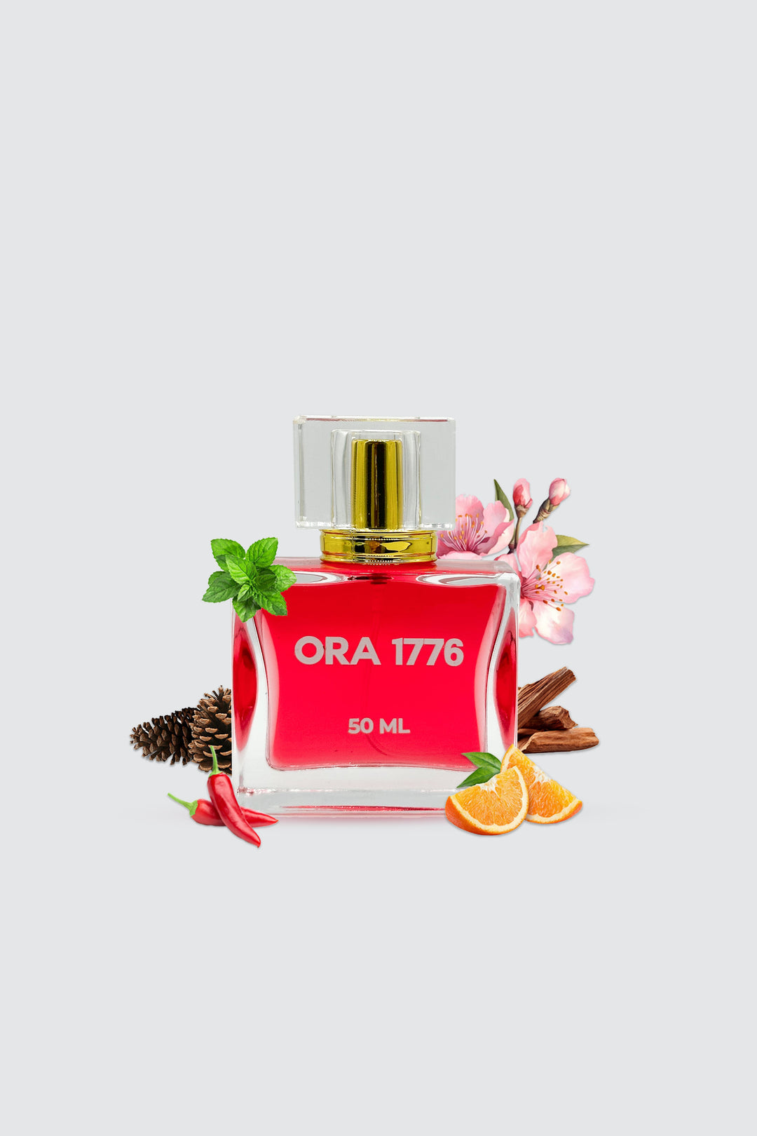 red color ora 1776 perfume in bottle with scent related elements on sides of perfume bottle