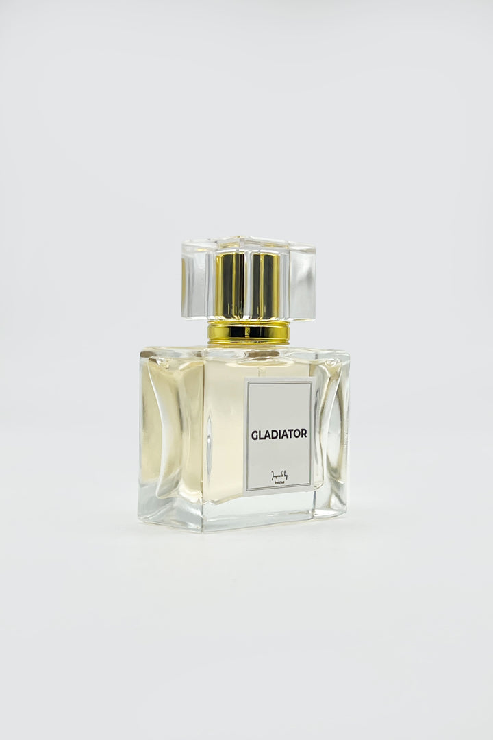 gladiator perfume bottle with golden nozzle on grey background