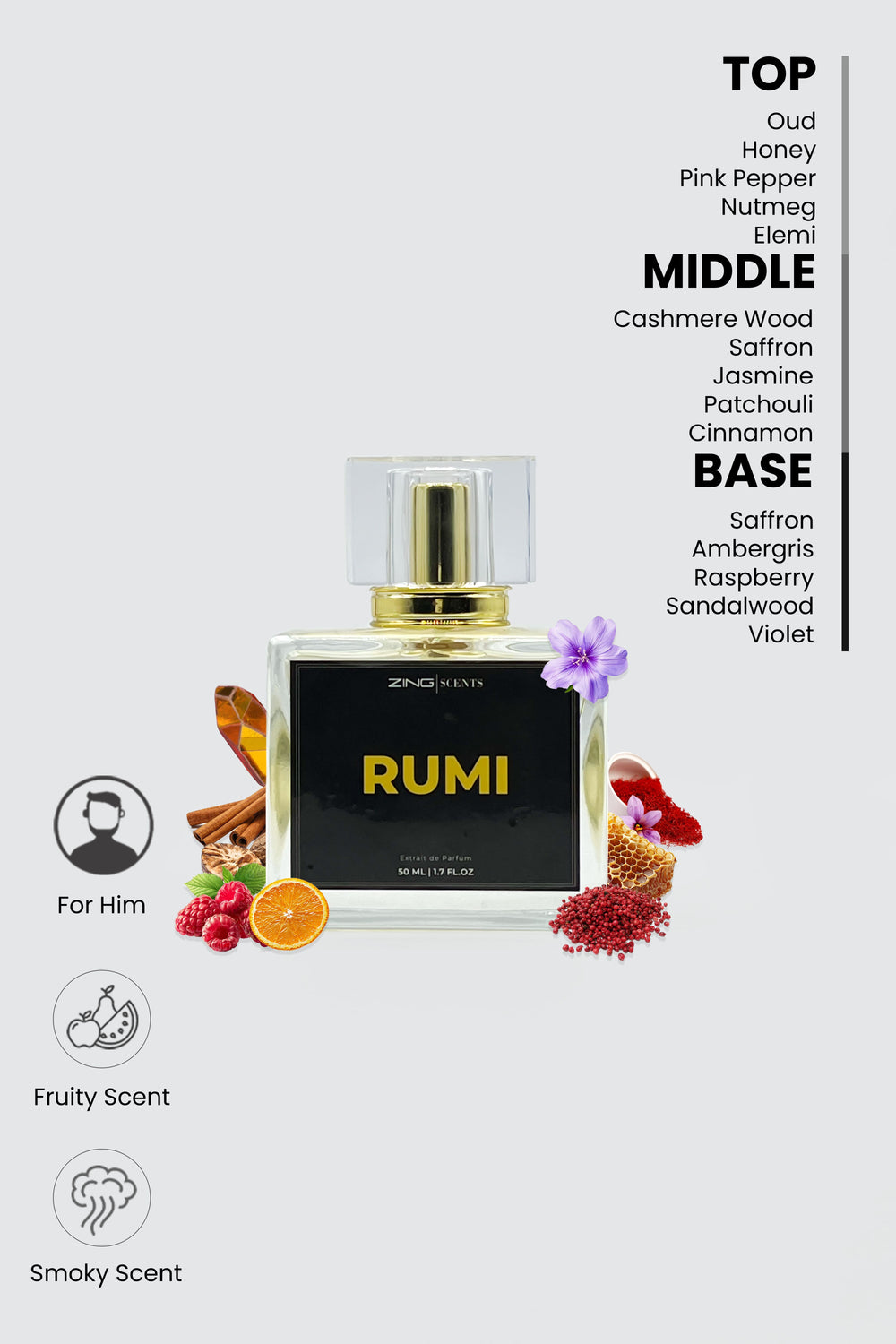 rumi perfume bottle displayed with scent notes on top right corner on grey background
