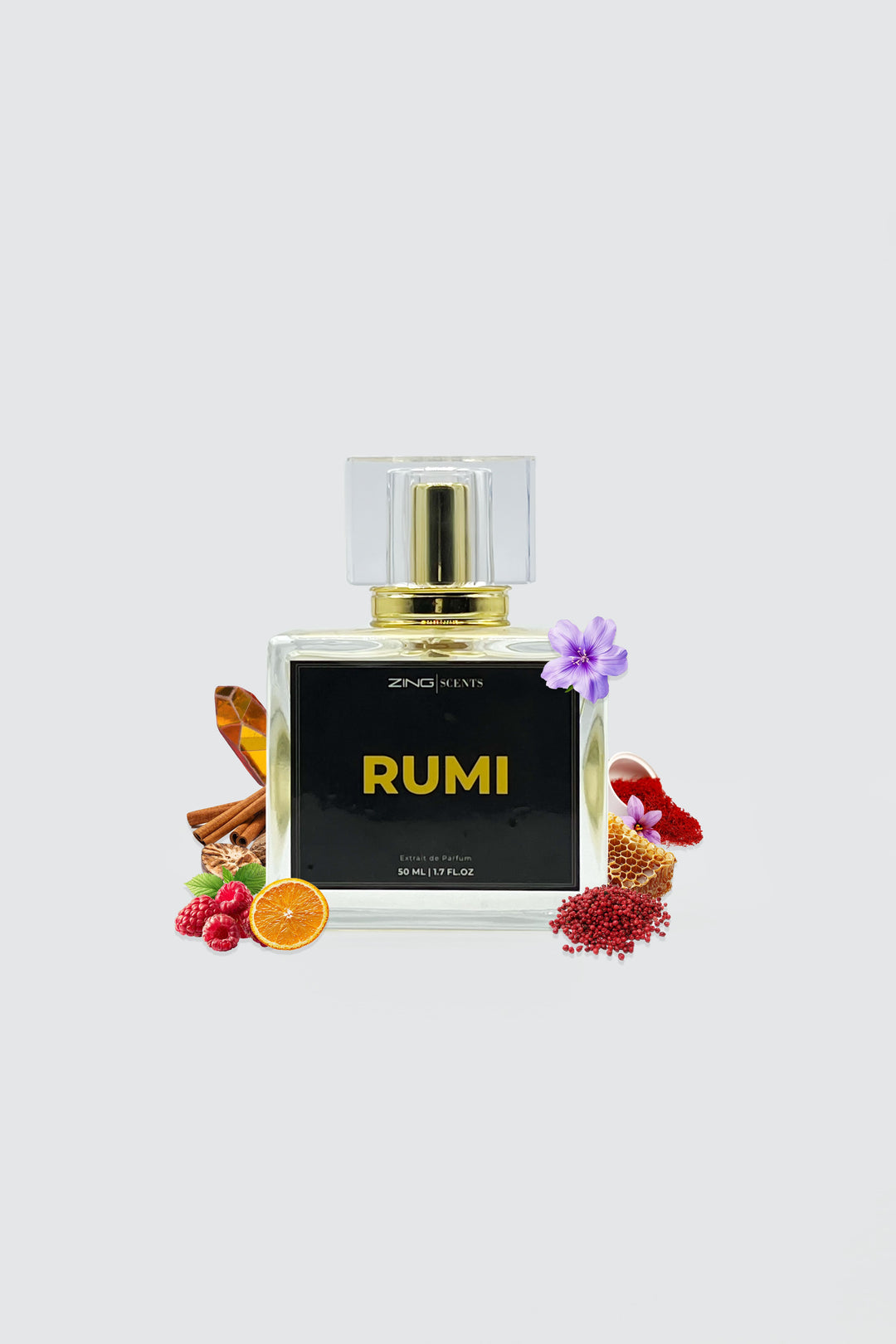 umi perfume bottle with berries, citrus and other scent related elements shown on sides of bottle