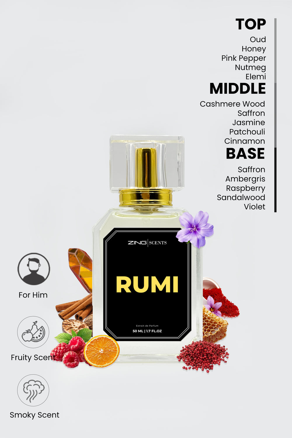 Rumi perfume 50 ml bottle along with scent inspired elements listed and symbols showing fruity and smoky scent