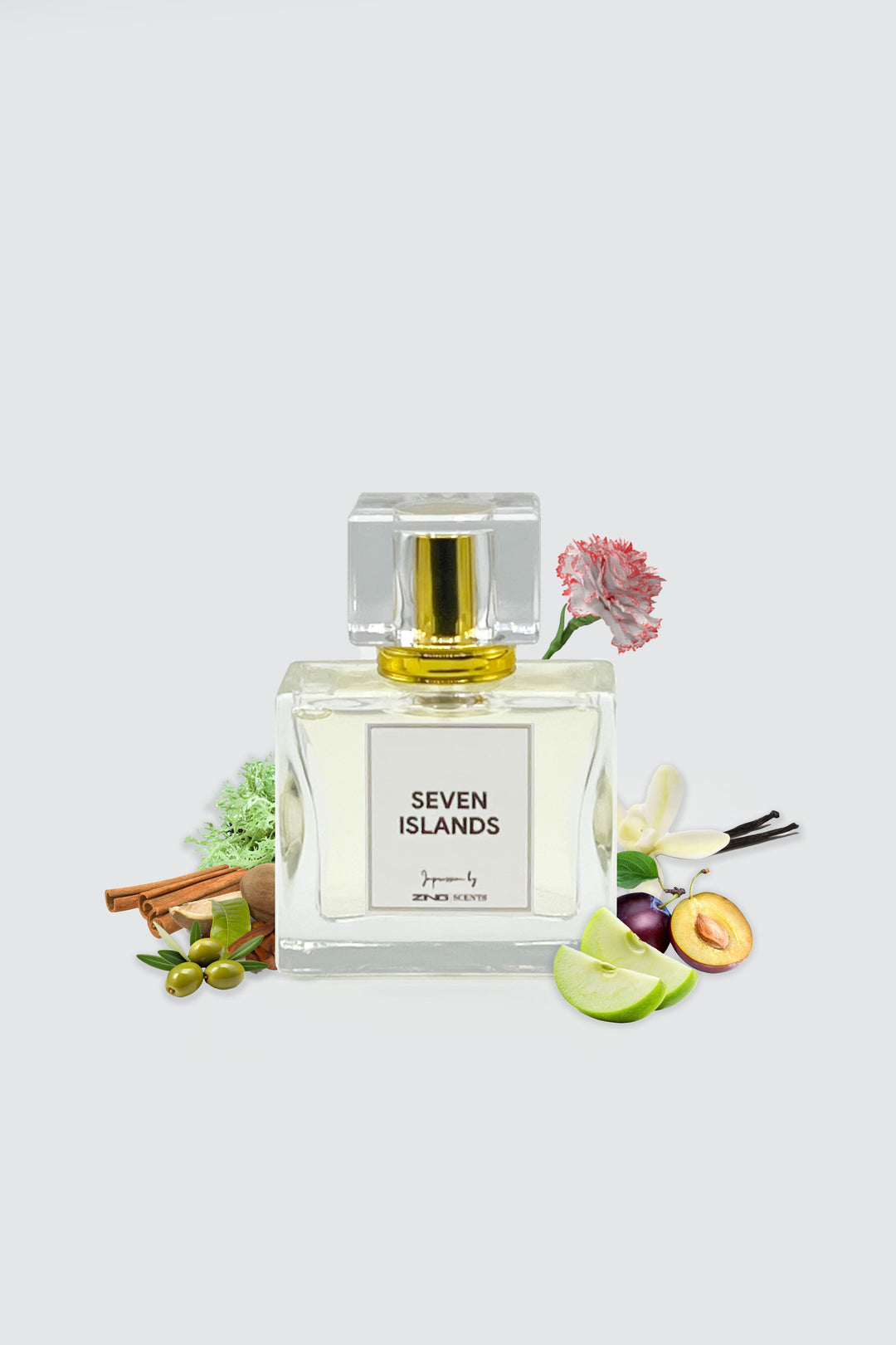 seven islands perfume bottle with green apple, olives, woods and other elements displayed on sides of bottle