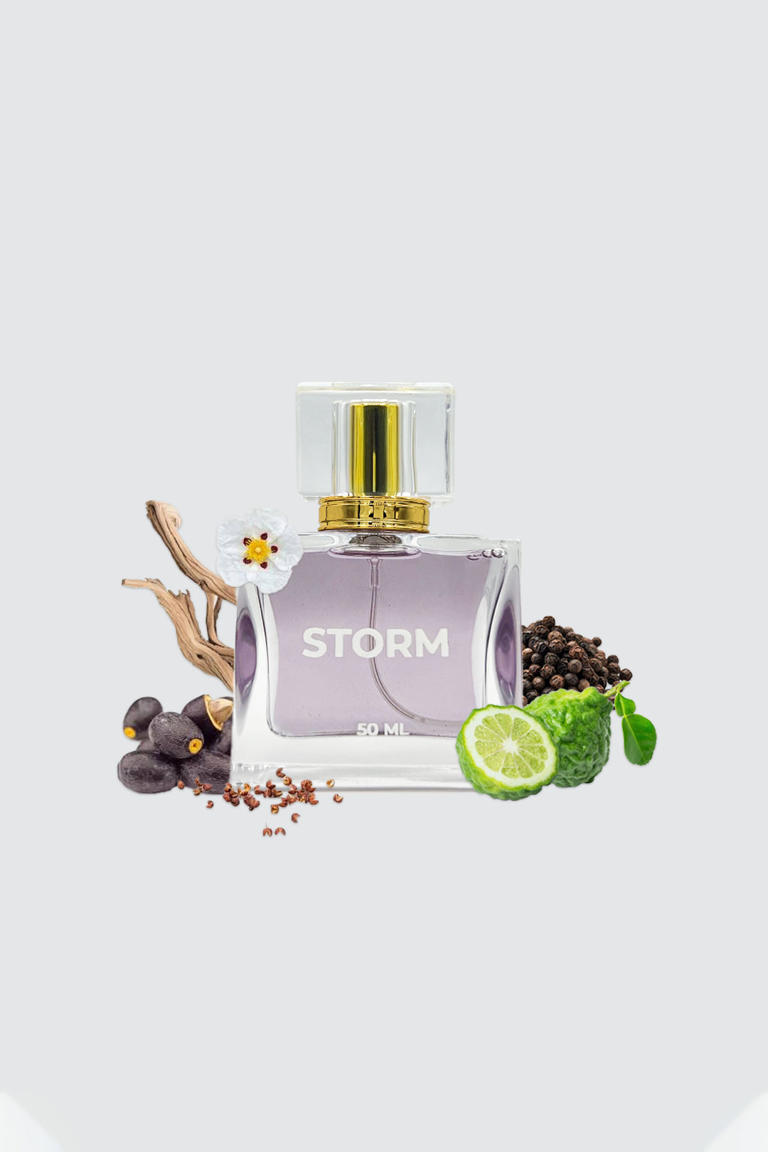 light purple color storm perfume displayed with scent related ingredients on sides of bottle