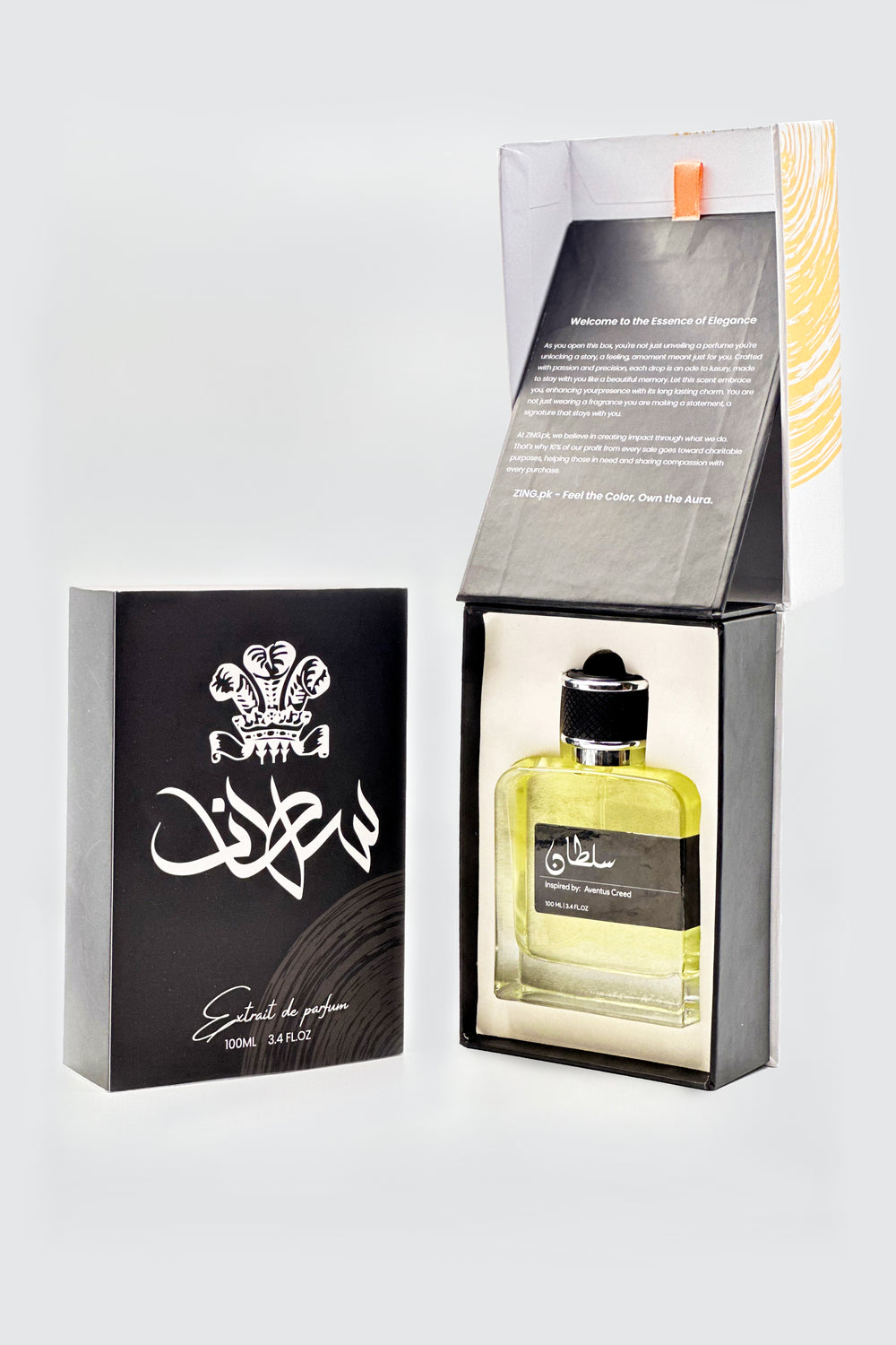 ultan perfume bottle with scent inspired elements listed and displayed along with symbols like fruity and smoky scent